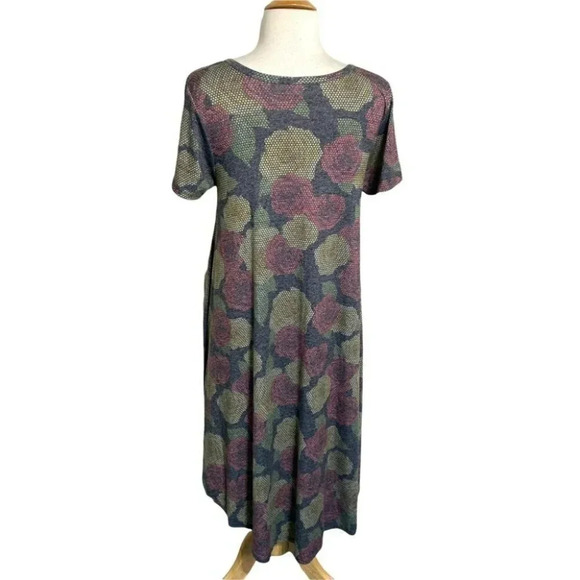 Lularoe XS Carly hi/low gray‎ with yellow & red roses T-shirt dress - Picture 4 of 6